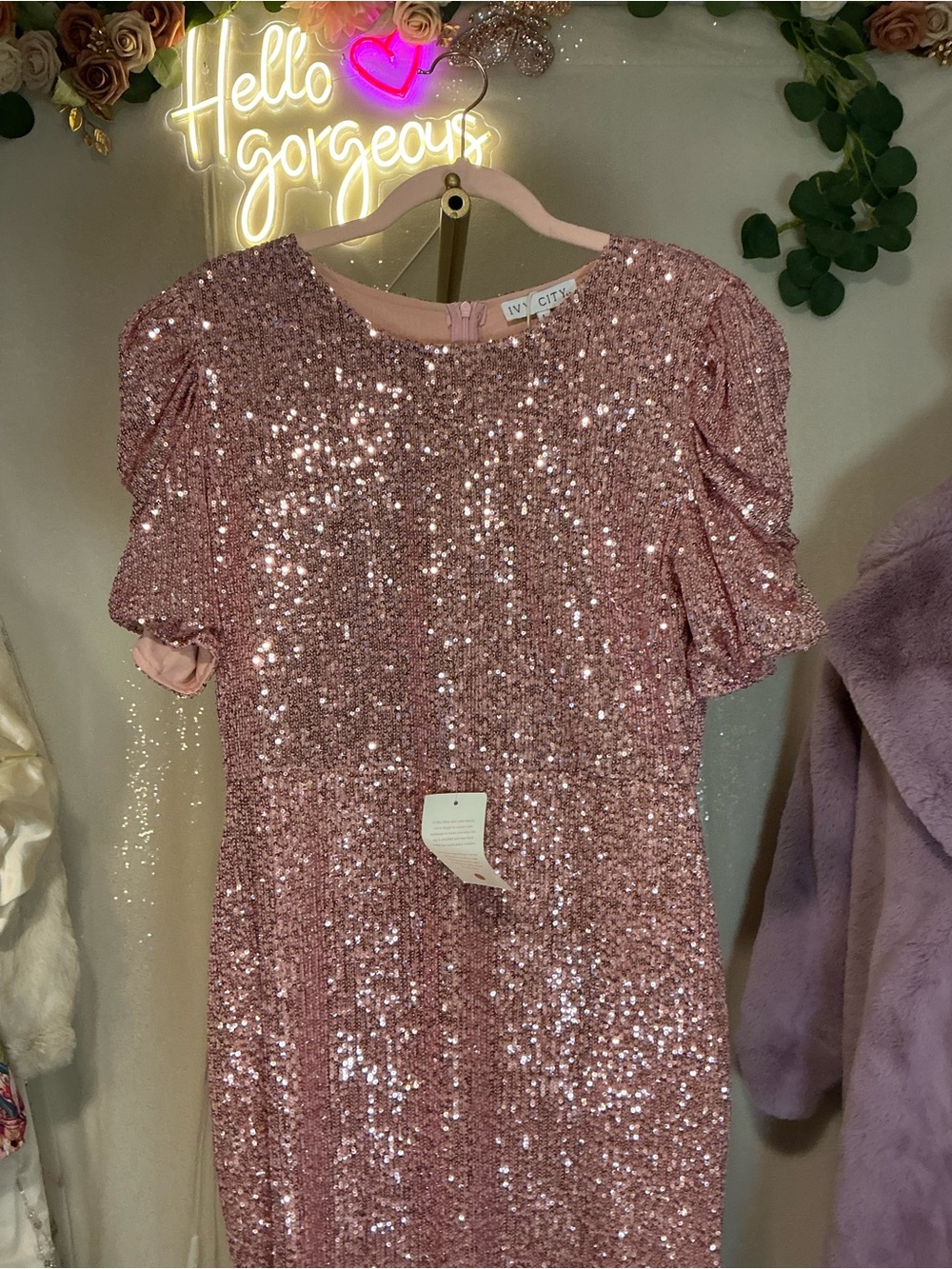 NWT Ivy City Co. Starling Size L Rose Gold Sequin Midi Dress - Picture 4 of 8